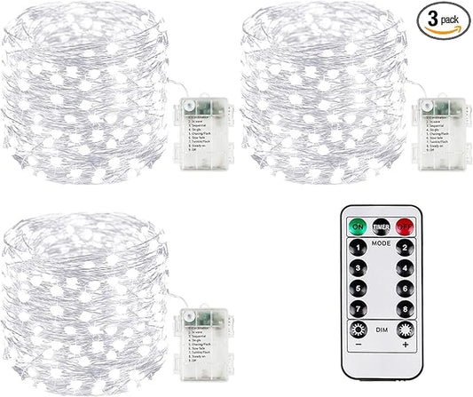 3Pack 99Ft 300LED Fairy Lights Battery Operated with Remote, Waterproof String Lights with Timer for Indoor & Outdoor, Twinkle Lights Battery Powered for Bedroom Wedding Christmas Decor (Cool White)