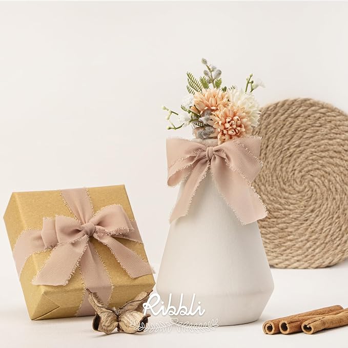 Ribbli Beige Ribbon 1 Inch x 3 Rolls Total 24 Yards Natural Handmade Fringe Chiffon Silk Ribbon for Wrapping Wedding Invitations Bridal Bouquets DIY Crafts Home Decor