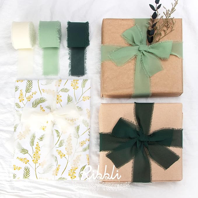Ribbli Green Chiffon Ribbon1.5 inch x 30 Yard Handmade Silk Ribbon for Wrapping,Ivory Sage Forest Green Fringe Chiffon Ribbon for Wedding Invitations, Bridal Bouquets, Flower Arrangement Decoration