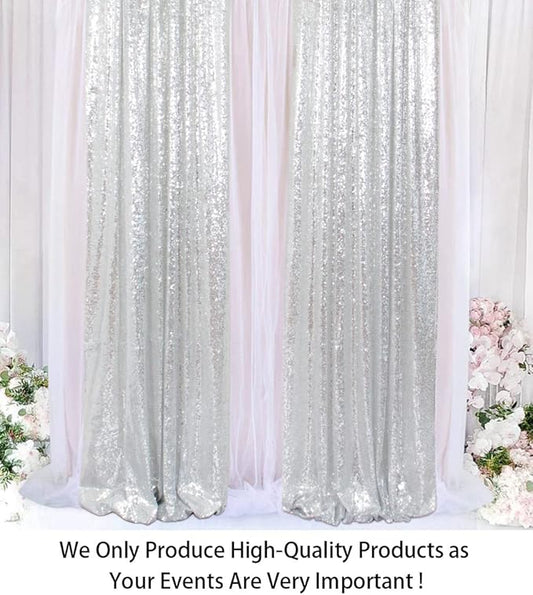 ShinyBeauty Sequin Curtains 2 Panels Silver 2FTx8FT Sequin Photo Backdrop Silver Sequin Backdrop Curtain Pack of 2-1011E
