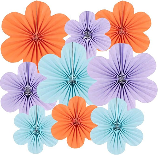 Paper Flowers Decorations for Wall Blue Paper Fans Classroom Decoration Floral Backdrop Decor Hanging Pink Flower Wall Decor, Set of 9