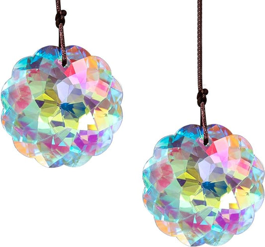 HDCRYSTALGIFTS Set 2 AB Color Crystal Suncatcher Datura Shaped Pendant Rainbow Feng Shui Hanging Prism (45mm)