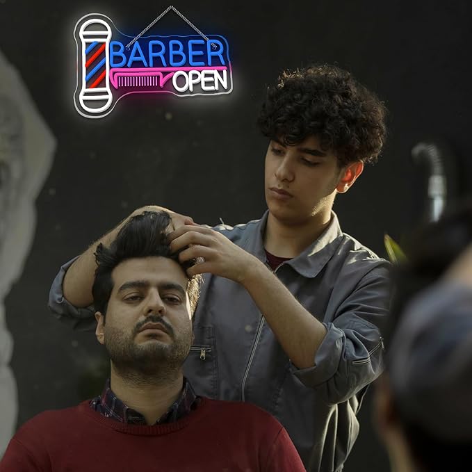 Ineonlife Barber Open Neon Sign Accessories Light Up for Wall Decor Modern Led Sign for barbershop Small Acrylic Art Decor for hair salon make up shop Decorations 15.74x14.17 inch USB POWER