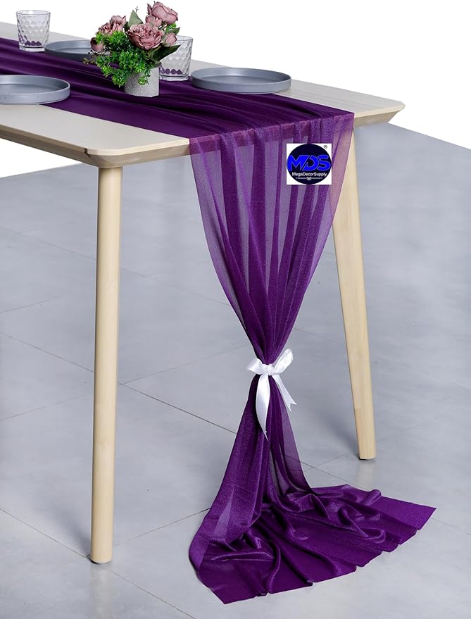 MDS 15 Pack 10ft Chiffon Table Runner 29 x 120 Inches Sheer Wedding Runner Romantic Rustic Table Runner for Wedding Decorations, Birthday Parties, Bridal Shower Party Arch Decor - Cadbury Purple