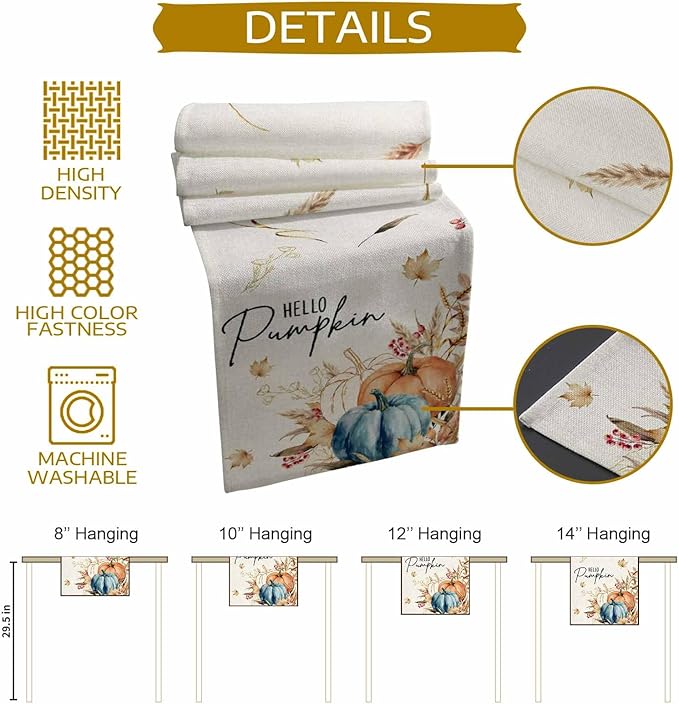 Fall Thanksgiving Cotton Linen Table Runner for Dining Kitchen, Orange Pumpkins Outdoor Party Autumn Tablerunners Decoration, Rustic Wheat Leaves Dresser Scarf Coffee Tablecloth Runners 13x90 Inches