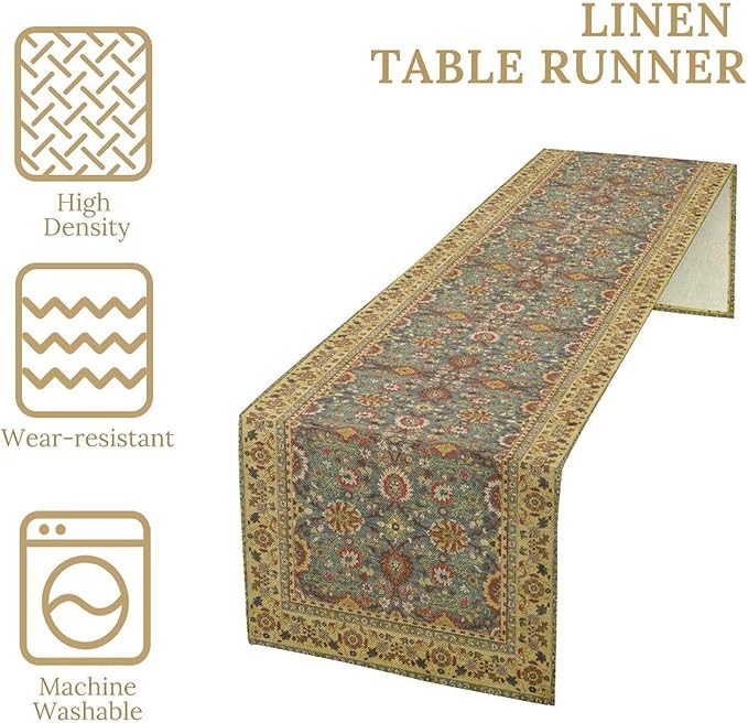 Boho Floral Vintage Beige Blue Table Runner, Retro Flower Rustic Country Farmhouse Abstract Pattern for Home Kitchen Table Decor Dining Coffee Room Party Decor 13x72in