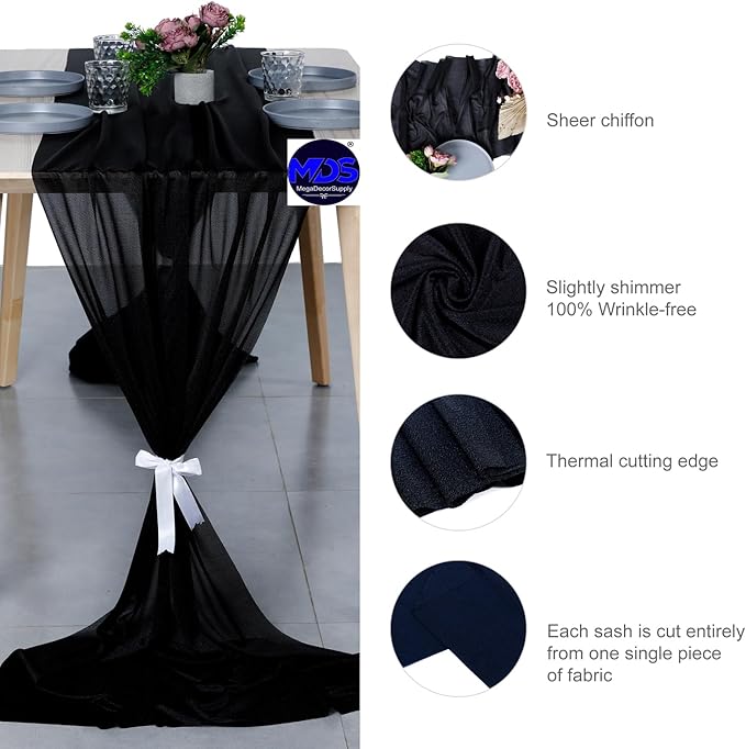 MDS 1 Pack 10ft Chiffon Table Runner 29 x 120 Inches Sheer Wedding Runner Romantic Rustic Table Runner for Wedding Decorations, Birthday Parties, Bridal Shower Party Arch Decor - Black