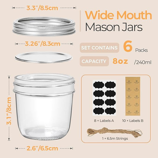 ComSaf Wide Mouth 8 oz Mason Jars with Lids, 6 Pcs Small Mason Containers, Canning Jars, 8oz Glass Jar with Lid, Canning Jars for Jams, Jelly, Sauces, Desserts, chia pudding, Pickle, Gift