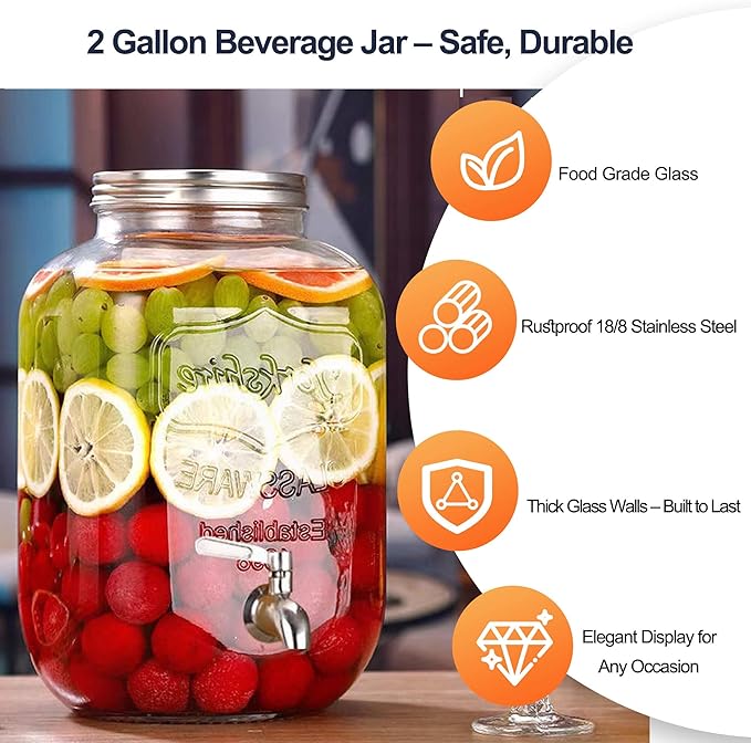 2 Gallon Drink Dispensers for Parties, 2 Pack Beverage Dispensers with Stand, Glass Water Jug Dispenser, with 18/8 Stainless Steel Spigot, Great for Party, Wedding, Picnic, BBQ