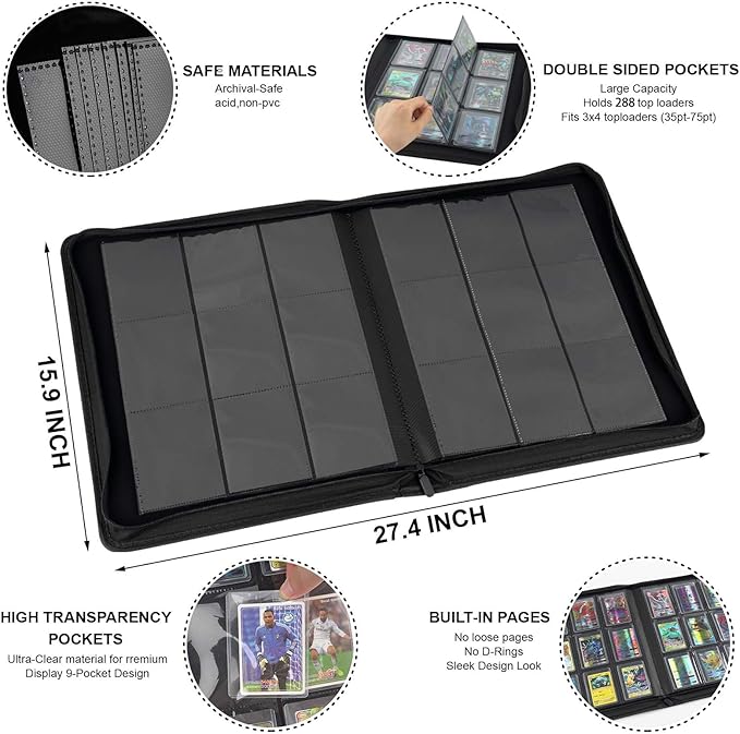 Toploader Binder with 9-Pocket Pages, Holds 288 "3×4" Rigid Toploader Hard Cases, Card Holder for Collectible Cards or Sports Cards, Durable Sleeves for Storage & Display (Gray)