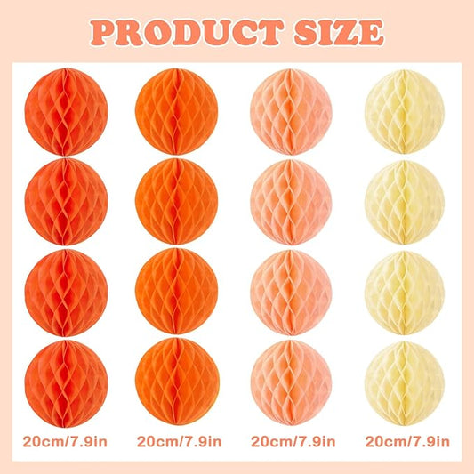 Pink and Orange Honeycomb Hanging Paper Balls, Fall Party Decoration, Groovy Birthday Party Decor for Graduation Autumn Halloween Wedding Baby Shower Birthday, Set of 16