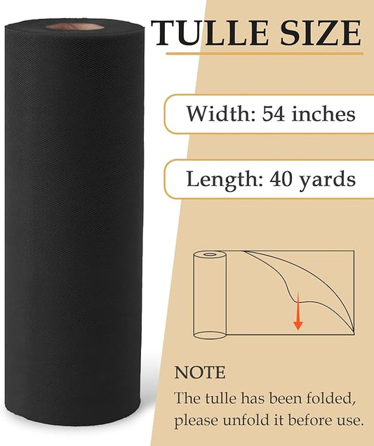 Black Tulle Fabric Roll, 54" x 40 Yards (120FT) Tulle for Halloween Decoration DIY Tutu Party Backdrop Baby Shower Table Skirts Gift Wrapping