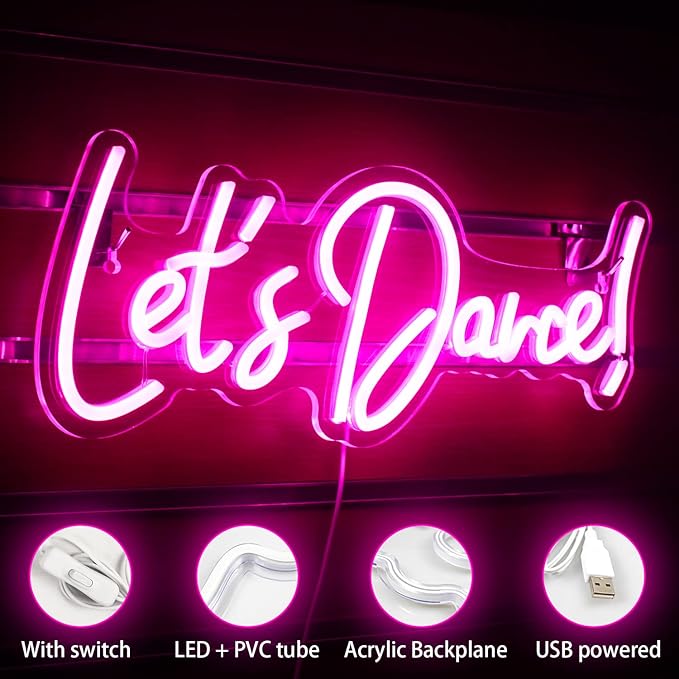 Wanxing Let's Danced Neon Signs Let's Dance Neon Light Up Sign Pink Led Word Light Sign Neon Sign Wedding for Dancing Party,Bar Accessories,Valentines' Day,Birthday Party