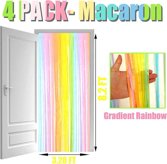 4 Pack Macaron Rainbow Foil Fringe Curtain Backdrop, 3.28Ftx8.2Ft Colorful Foil Fringe Streamers Curtains for Party, Photo Booth Props, Birthday, 2022 Graduation Decoration Supplies
