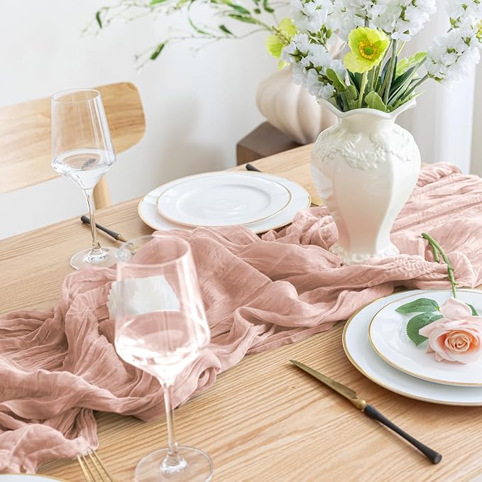 Asee'm 2pcs Cheesecloth Table Runner 120 Inches Dusty Pink Boho Gauze Cheese Cloth Runner 10FT Rustic Sheer Fall Table Runners for Thanksgiving Wedding Baby Shower Holiday Party Decoration