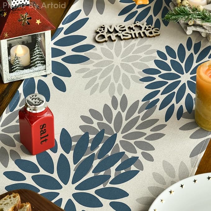 Artoid Mode Dahlia Aqua Floral Pinnata Flower Summer Table Runner, Seasonal Winter Holiday Kitchen Dining Table Decoration for Home Party Decor 13x72 Inch