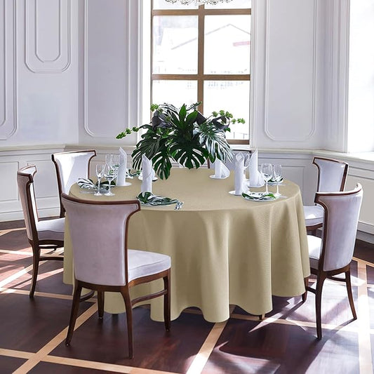 Biscaynebay Textured Fabric Round Tablecloths 108", Natural Water Resistant Table Cloth Circle Folding Table Covers Linen for Dining, Kitchen, Wedding, Parties etc. Machine Washable