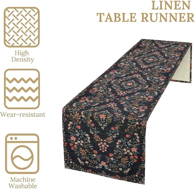 Morris Flower Table Runner, Vintage Blue Floral Rustic Country Style Floral Print Pattern for Home Kitchen Table Decor Dining Coffee Room Garden Party Decor 13x120in