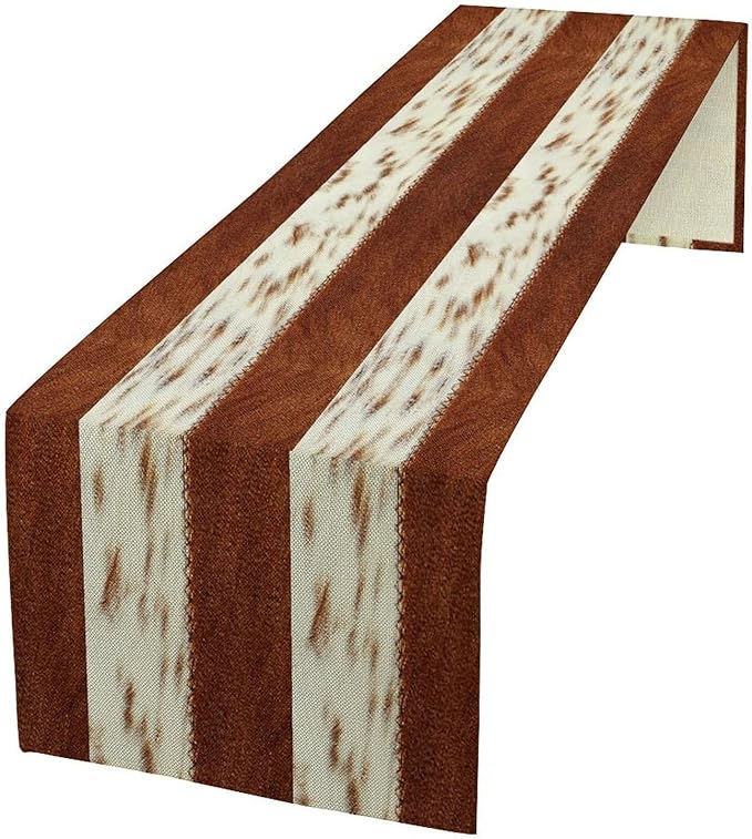 Cow Patchwork Print Table Runner, Brown Country Farm Animal Fur Skin Farm Safari Wildlife Pattern Table Runner for Dinner Dinning Home Kitchen Living Room Party Holidays Setting, 13x70 Inch