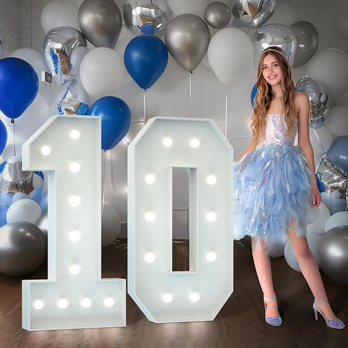 Marquee Numbers 4 Feet Tall Big Light Up Numbers 10th Happy Birthday Decorations Girl Boy White Anniversary Party Decor Large Cardboard Prop Backdrop Sign 10