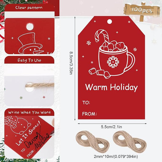 100PCS Christmas Gift Tags 10 Styles Merry Christmas Gift Tags with String Modern Kraft Name Tag for Present Wrapping Xmas Holiday Festive Party Favors