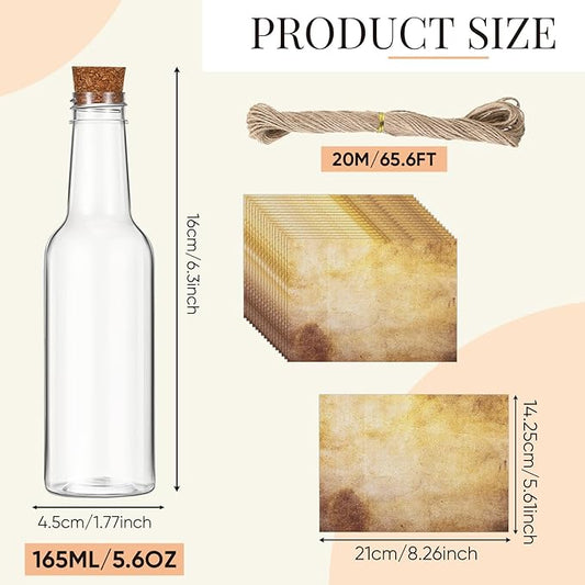 Baderke 24 Pcs 5.6 oz Message Bottles with Letter Printer Paper Plastic Bottles & Corks Twines for Message Invitations Birthday Wedding Baby Shower DIY Crafts Gift Party Favors (Vintage)