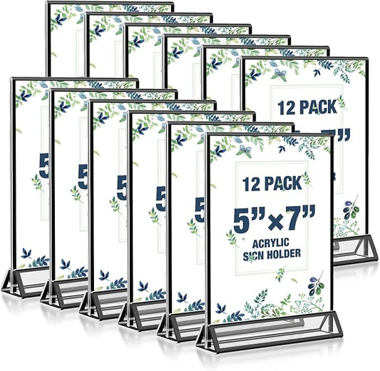 Acrylic Black Sign Holders 5x7, 12 Pack Wedding Black Table Number Holders, Double Sided Photo Display Picture Frame Paper Stand, Clear Flyer Stand Menu Holder for Wedding, Home, Party, Restaurant