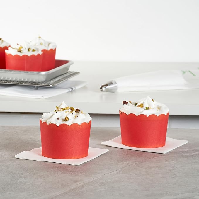 Panificio 10 Ounce Cupcake Wrappers, 200 Scalloped Baking Cups - Oven-Ready, Greaseproof, Red Paper Cupcake Liners, Disposable, For Birthdays, Baby Showers, Or Weddings - Restaurantware