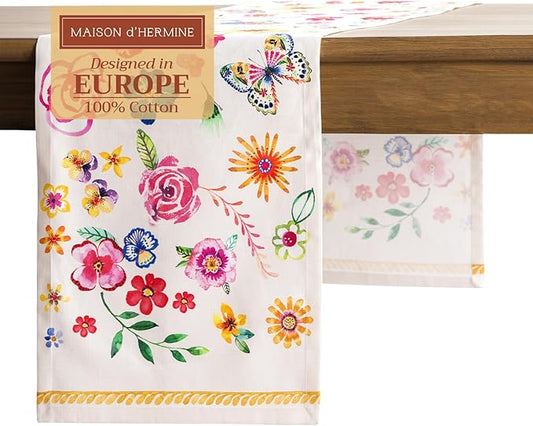 Maison d' Hermine Table Runner 100% Cotton Single Layer Table Runners 108 inches Long Decorative for Home Dining Party Wedding Bridal Shower Spring Summer (Happy Florals - Sweety, 14.50" x 108")