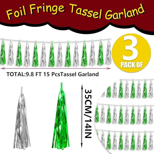 3P Metallic Fringe Tassel Banner Garland Foil Tinsel Streamer Wall Hanging Curtain Backdrop Banner for Parade Floats, Graduation Decorations, Father's Day Party Decoration(Green Silver)
