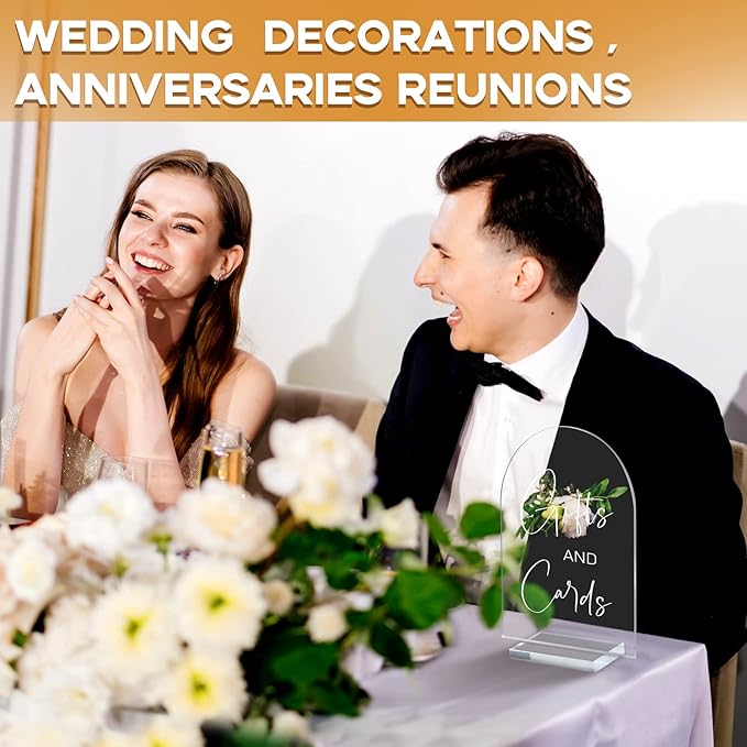 Chunful 4 Pcs Clear Acrylic Wedding Sign with Stand for Ceremony Reception 5 x 7 Guest Book Cards and Gifts In Loving Memory Favors Please Take One Table Sign for Wedding(Elegant White,Fresh Style)