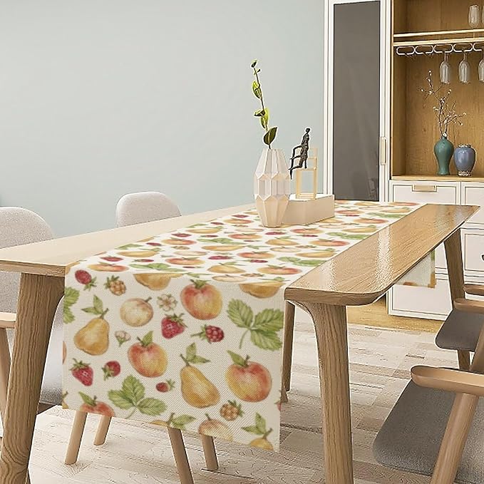 Vintage Spring Summer Fruit Table Runner Watercolor Pear Strawberry Leaves Dinner Runner for Farmhouse Party Holiday Home Kitchen Dining Table Decor 13x70