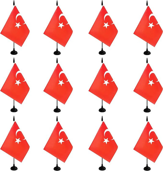 Turkey Desk Flag, 12 Pack Turkish Table Office Flag with Black Solid Pole and Stand Base, International Country Flag, Festival Celebration, Classroom Meeting Desktop Decor (Turkey)