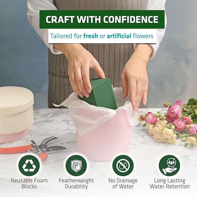 FLORABELS 6 PCS Wet Floral Foam Blocks for Fresh Flowers, Each (9"L x 4.1"W x 2.7"H)Green Foam for Flower Arrangements, Florist Foam Bricks for Weddings, Birthdays Gifts, Flower Foam Blocks for Crafts