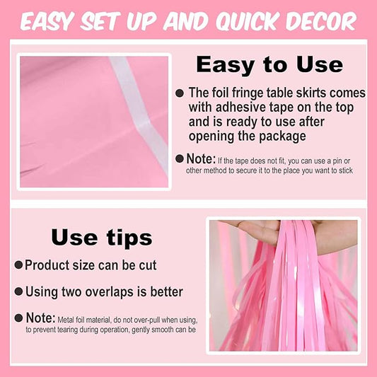 3 Pack 29 x108 Inch Macaron Pink Foil Fringe Table Skirts Metallic Banner for Tinsel Streamer Garland Backdrop for Parade Floats Mother's Day, Graduate, Birthday, Wedding Party Decoration