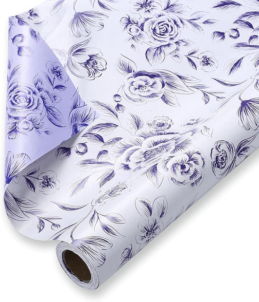WRAPAHOLIC Jumbo Reversible Floral Wrapping Paper Roll - 30 Inch x 33 Feet - Purple Flower Wrapping Paper for Wedding, Bridal Shower, Mother's Day, Birthday, Baby Shower