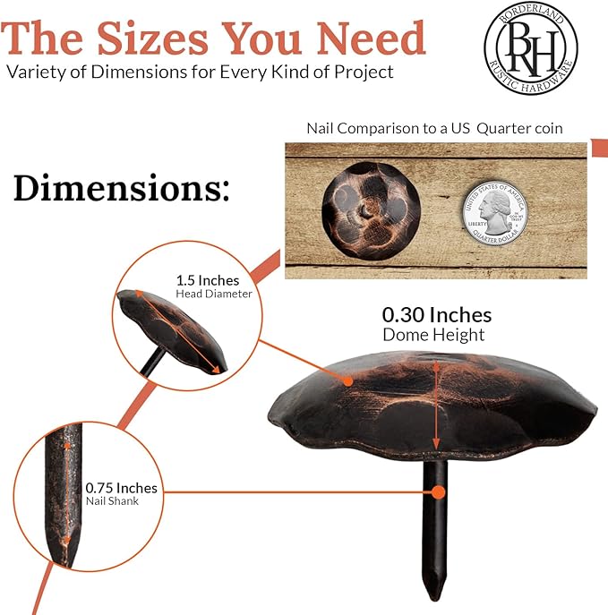 50 Pack 1.5" Round Head Iron Clavos Decorative Nails – Oil Rubbed Bronze – Handmade Rustic Round Fasteners for Farmhouse Shutters, Faux Wood, Barn Doors, Shutters, Gates – Ornamental Wood Accent
