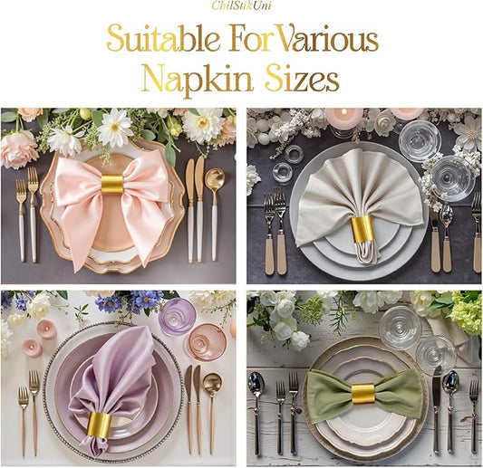 Polymer Material Reusable Napkin Band, Glue-Free Tear-Proof Water Resistant Oil-Proof Napkin Bands Set of 50(Front Brushed Gold Color and Back Silver), 6 Adjustable Sizes Napkin Rings