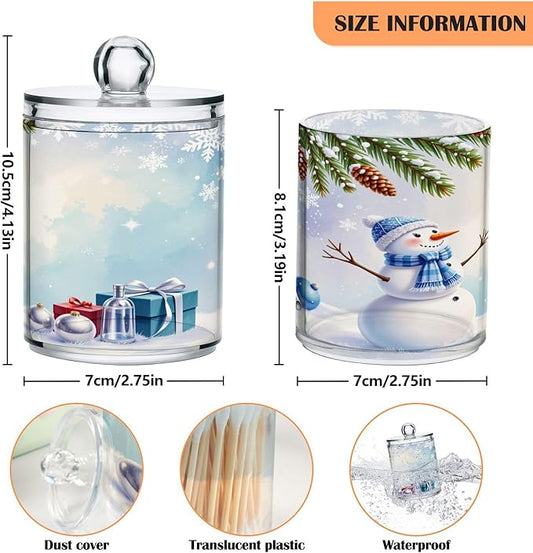 Gredecor Christmas Winter Qtip Holder Dispenser 2 Pack Snowman Snowflake Pine Cones Gifts Bathroom Decorative Storage Canister Holder Counter Vanity Organizer for Cotton Ball Swabs Pads Floss