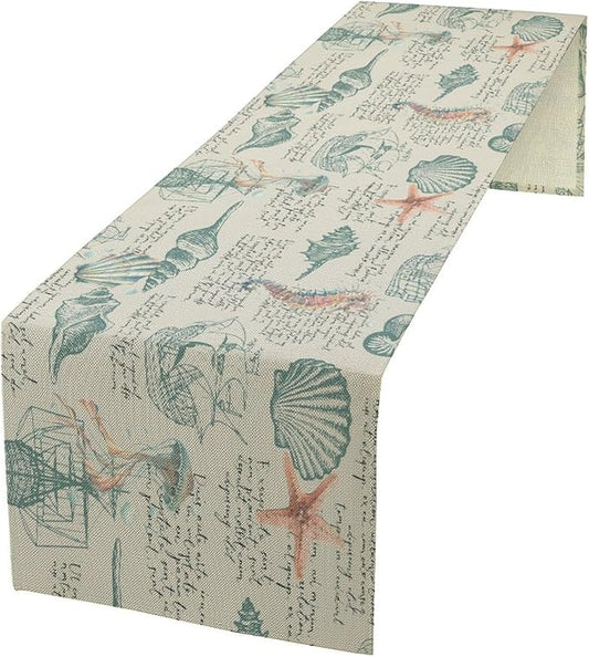 Starfish Table Runner,Seashells Beach Coastal Nautical Sailboat Jellyfish Vintage Hand Drawn Burlap for Hotel Indoors Outdoor Dining Room Kitchen Table Decor, 13x108in