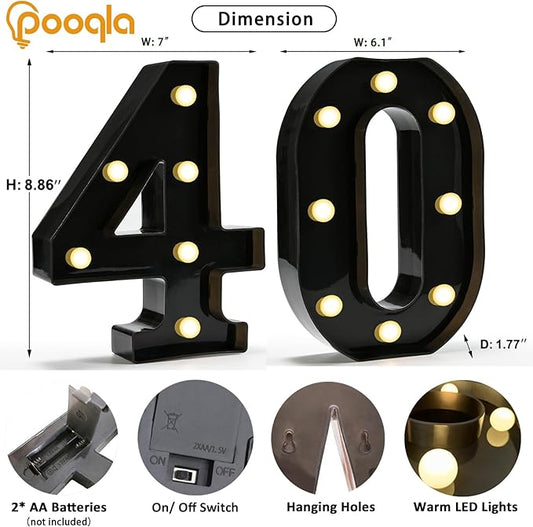 Pooqla Decorative Led Light Up Number Letters, Black Plastic Marquee Number Lights Sign for 40th Birthday Party Wedding Decor Battery Operated Black Number 40