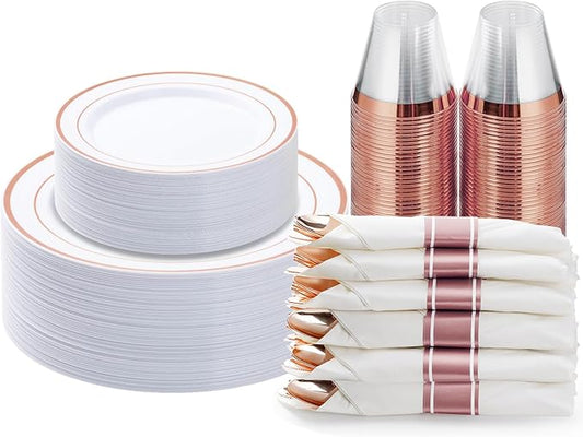 BESTVIP 175PCS Rose Gold Plastic Dinnerware Set, Disposable Party Plates for 25 Guests, Include: 50 Plastic Plates, 25 Pre Rolled Napkins with Rose Gold Silverware, 25 Cups for Christmas, Halloween