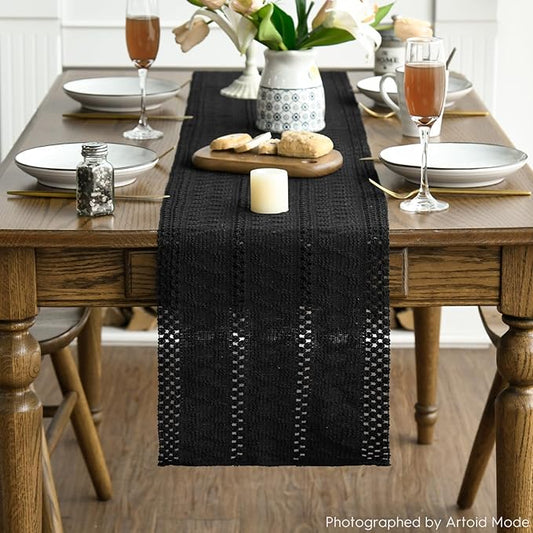 Artoid Mode Black Farmhouse Woven Rustic Hollow Table Runner, Seasonal Holiday Hollow Kitchen Dining Table Decoration for Home Party Decor 12x108 Inch
