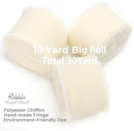 Ribbli Ivory Chiffon Ribbon 1-1/2 inch x 30 Yard Handmade Fringe Chiffon Ivory Silk Ribbon,Cream Ribbon for Wedding Invitations, Bridal Bouquets Wrapping, Flower Arrangement Decoration