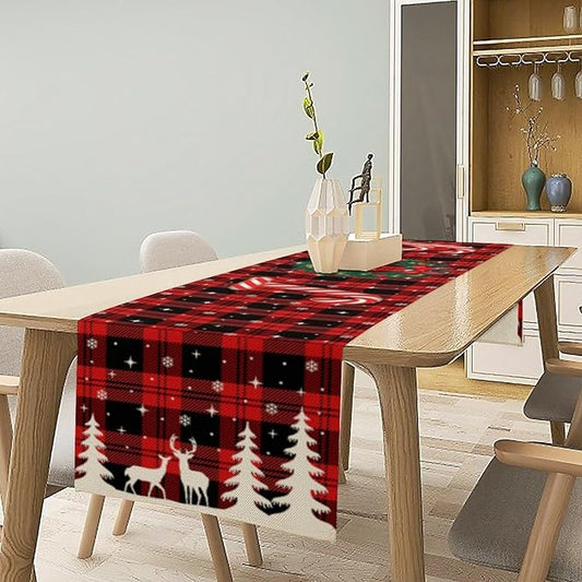 Christmas Table Runner, Red Winter Xmas Holiday Table Cloth Kitchen Dining Table Decoration for Home Party Decor 13x36 Inch