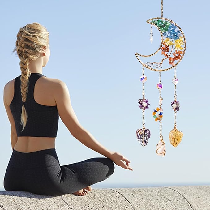 TUOKING Colorful Crystal Moon Suncatchers for Window Hanging Tree of Life Natural Healing Stones Wind Chimes Sun Catcher Rainbow Maker Good Luck Gifts Decor for Home Garden