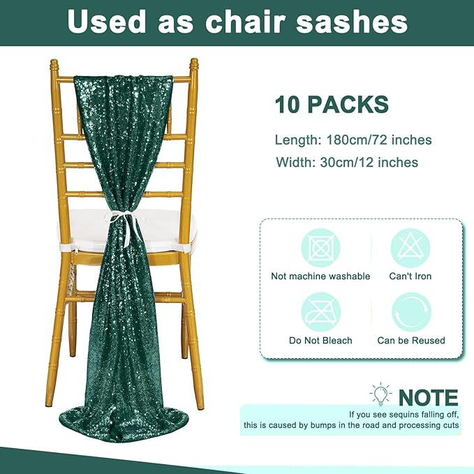 Sequin Table Runners 10 Pieces Emerald Green Table Runners 12x72 Inch Glitter Dining Table Cover for Party Wedding Birthday Reception Banquet Decoration Spring Party Chair Sashes