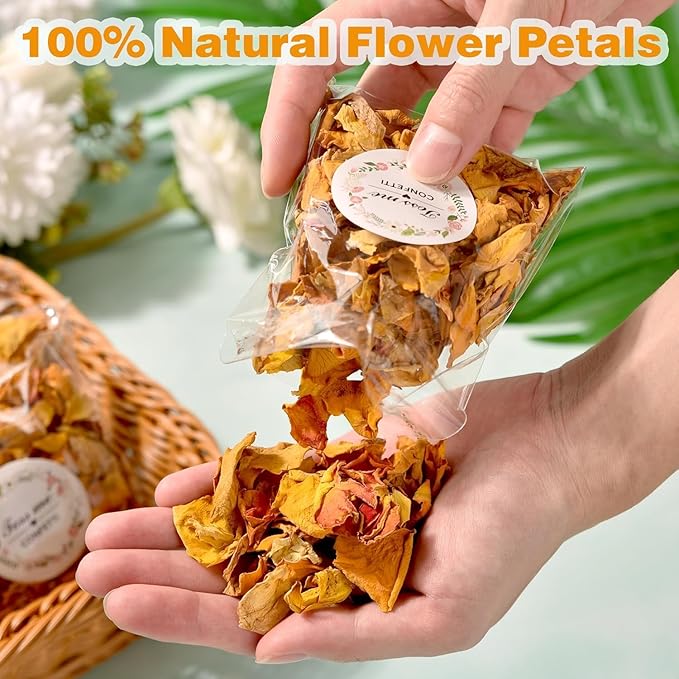 20 Pack Prefilled Confetti Packets,Biodegradable Flower Petals, Real Dried Flower Petals Individual Packing Rose Petals Wedding Send Off Ideas (Yellow Red Rose)