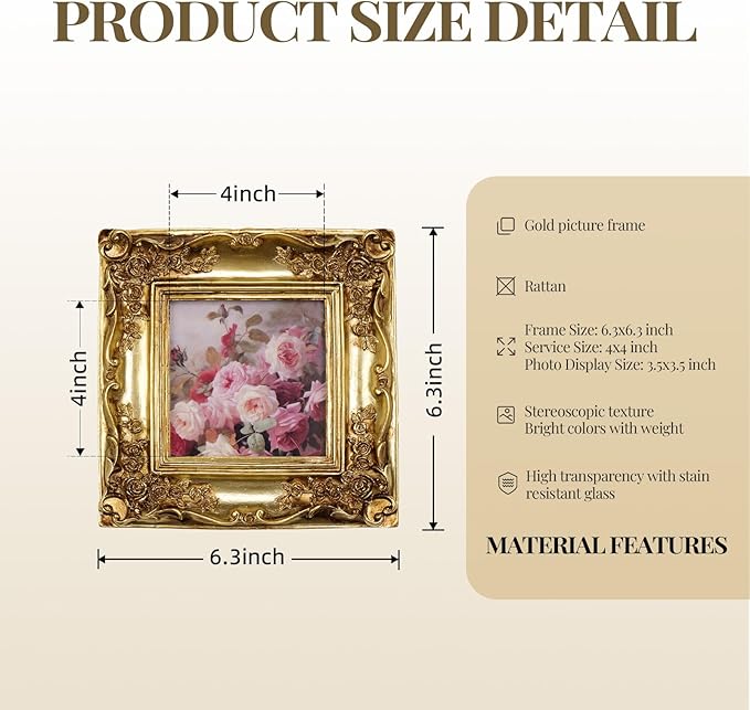 Cuspin Gold Picture Frame 4x4 Frames, Ornate Square Resin Photo Frame with Rose Floral Carvings and Glass Front, Vintage Antique Decorative Picture Frame for Tabletop Display or Home Decor