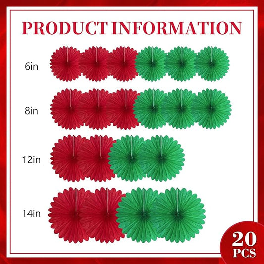 20 Pcs Red Green Hanging Paper Fan, Hanging Honeycomb Round Paper Fans for Weddings, Birthdays, Christmas, Baby Showers, Classroom, Events Ceiling Party Supplies Decorations